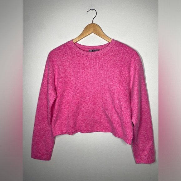 Zara Marled Fuschia Pink Cozy Cropped Crewneck Sweater - Picture 5 of 8